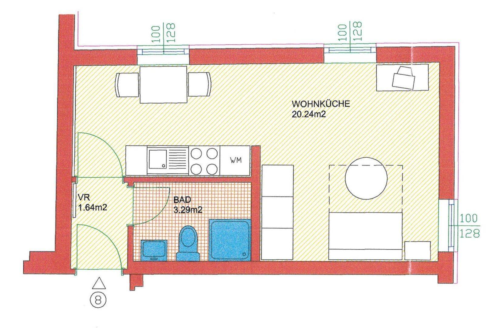Grundriss einer Einzimmerwohnung mit Wohnküche, Bad und Vorraum auf 20.24m².