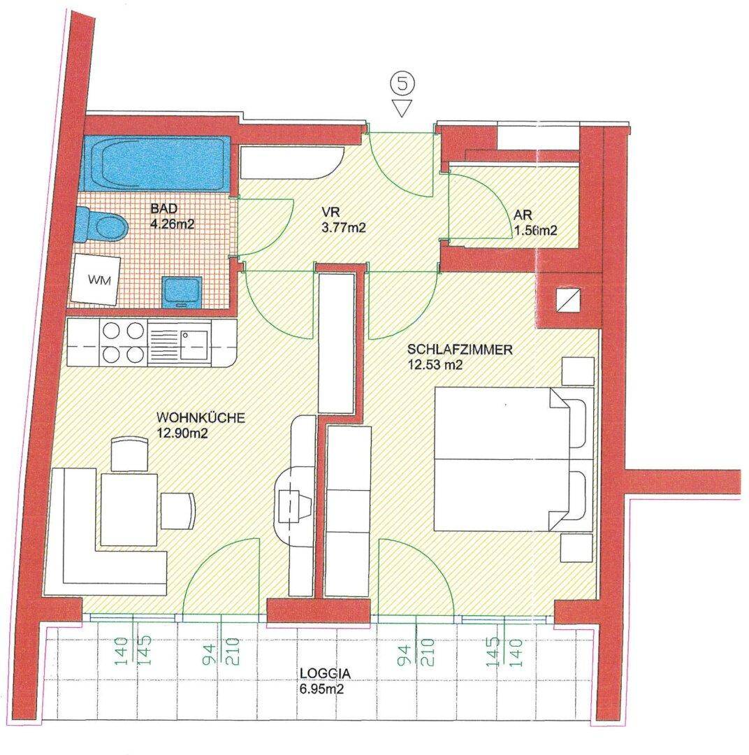 Grundriss einer Zweizimmerwohnung mit Wohnküche, Schlafzimmer, Bad und Loggia.