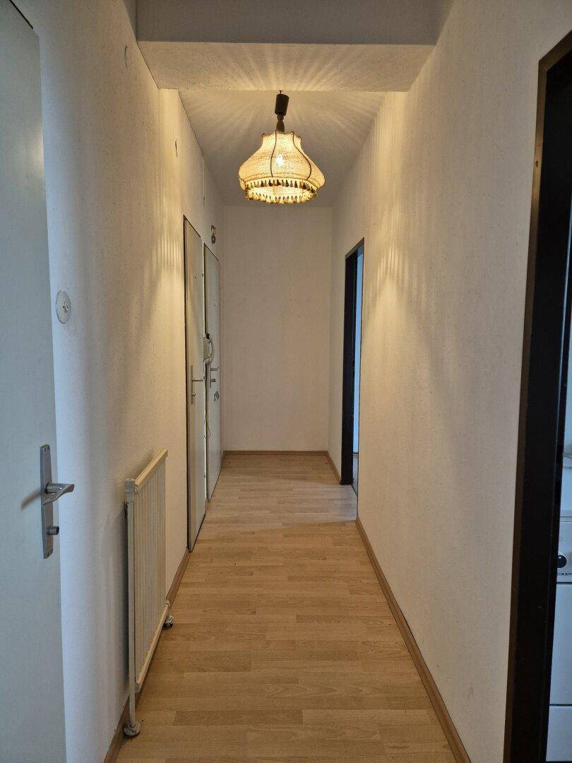 Langer Flur mit Laminatboden, weiß gestrichenen Wänden und einer Deckenleuchte.