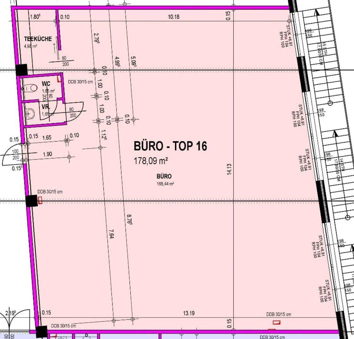 Detaillierter Grundriss für ein Büro mit Teeküche und WC, Gesamtfläche 178,09 m².