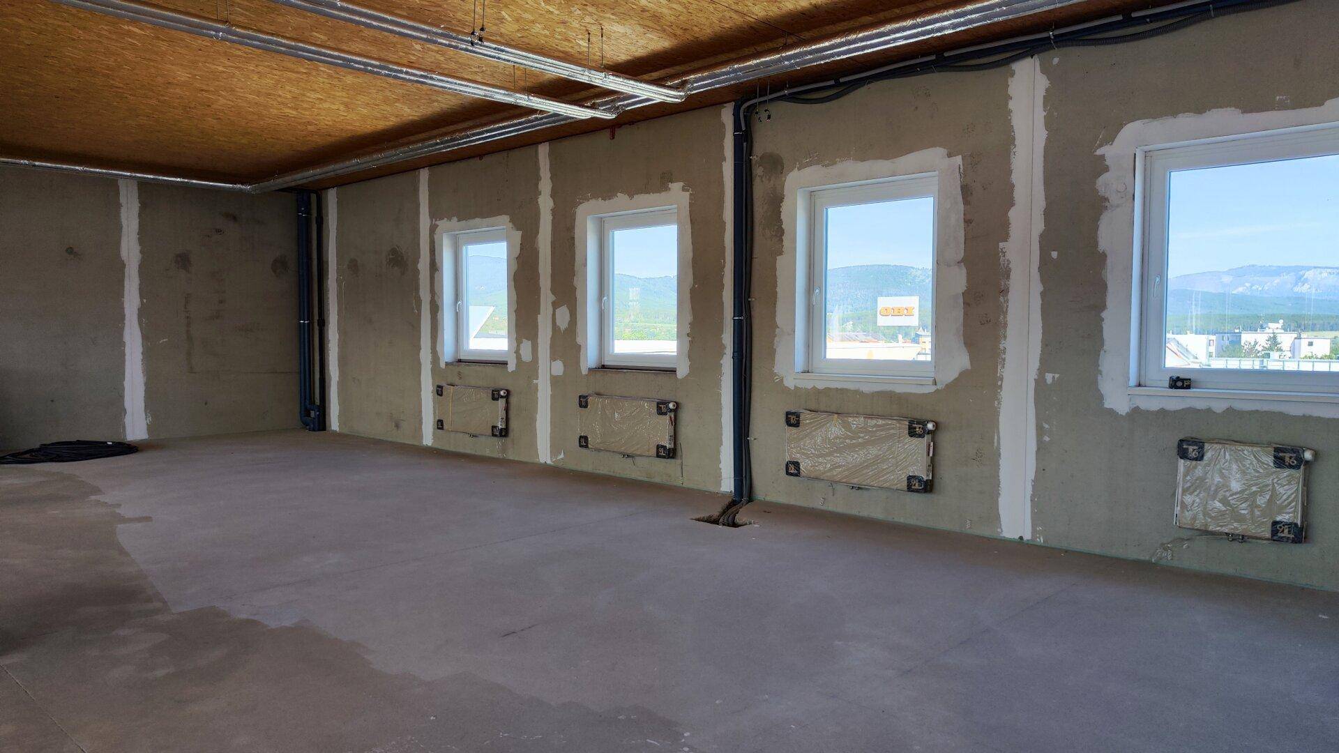 Rohbau-Innenraum mit sichtbaren Installationen, Holzdecke und Fenstern mit Blick auf die Landschaft.