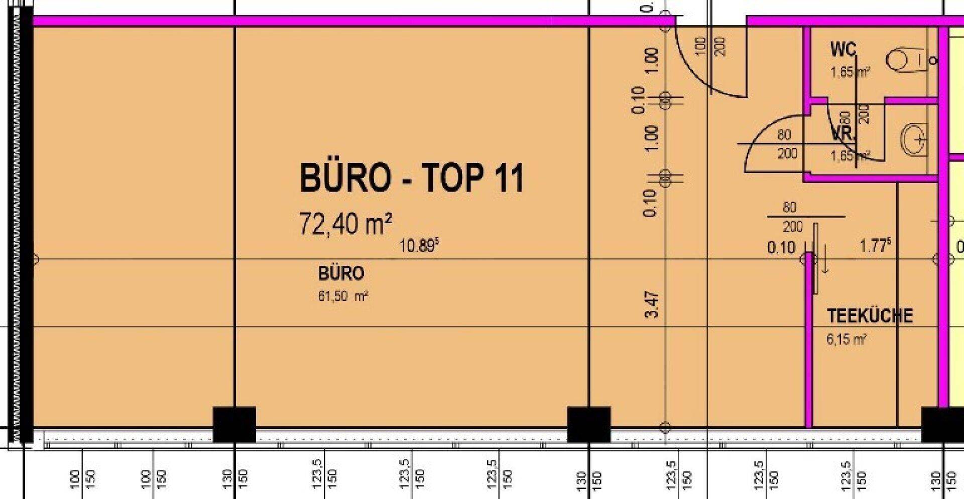 Detaillierter Grundriss für Büro-Top 11 mit 72,40 m², Teeküche und separatem WC.