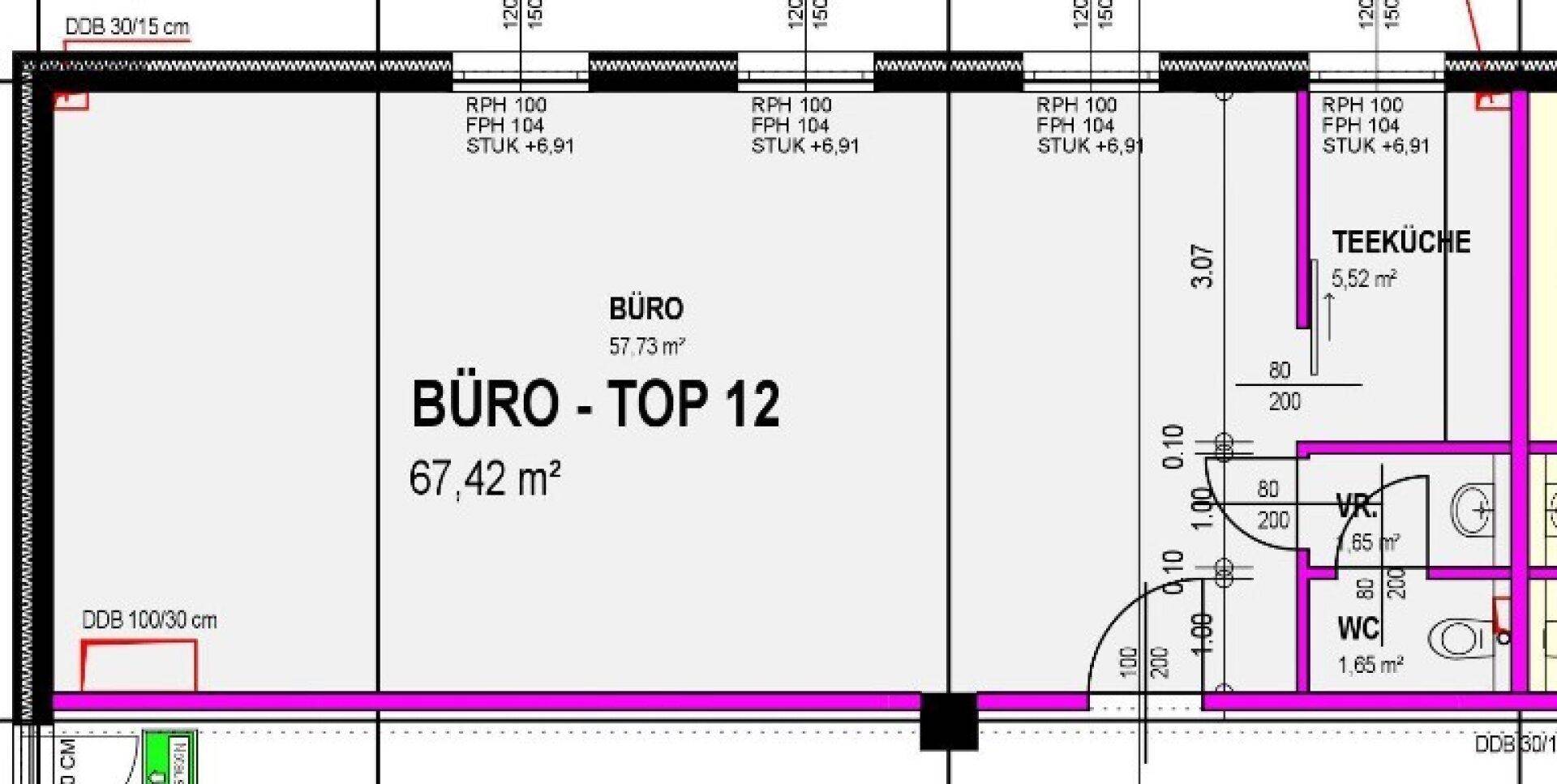 Grundrissplan für eine Büroeinheit mit 57,73 m² Bürofläche, Teeküche und separatem WC.