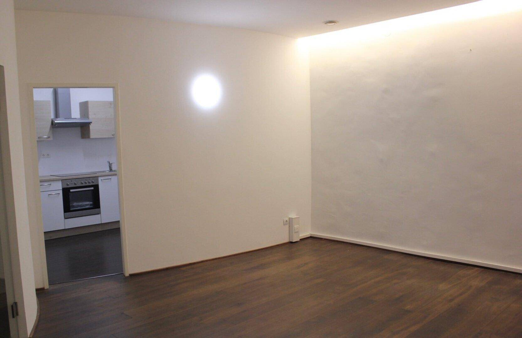 Heller Wohnbereich mit dunklem Holzboden und Blick in eine moderne Einbauküche.