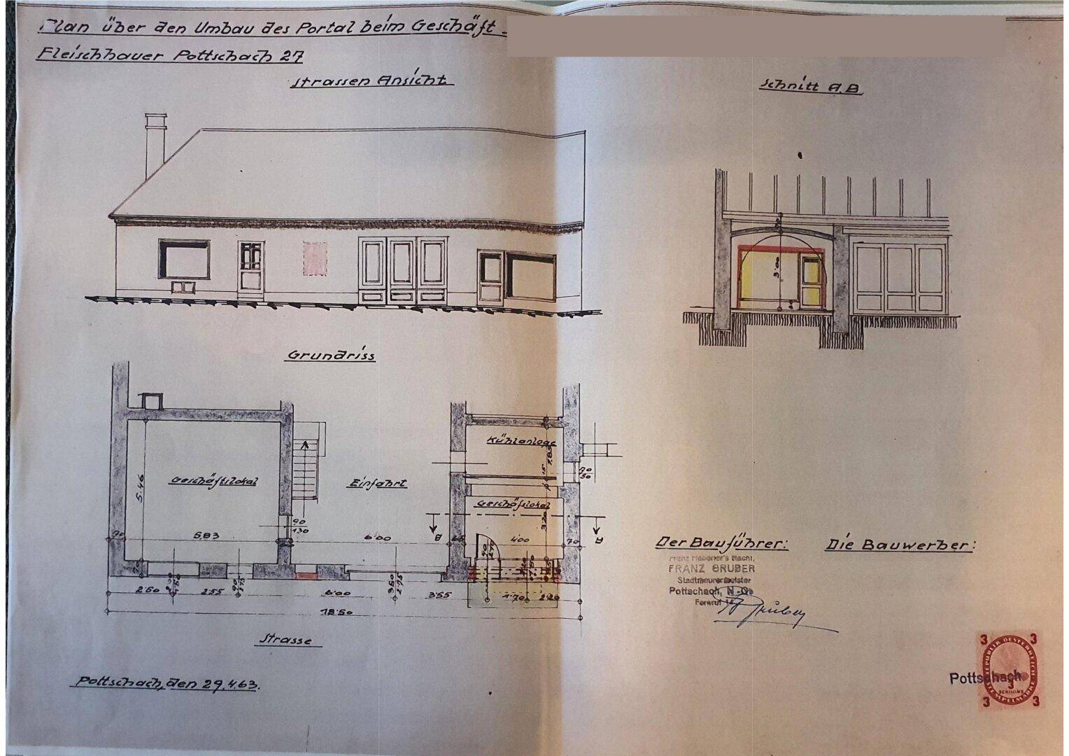 Historische Bauzeichnungen mit Straßenansicht, Grundriss und Schnittdarstellung eines Gebäudes.