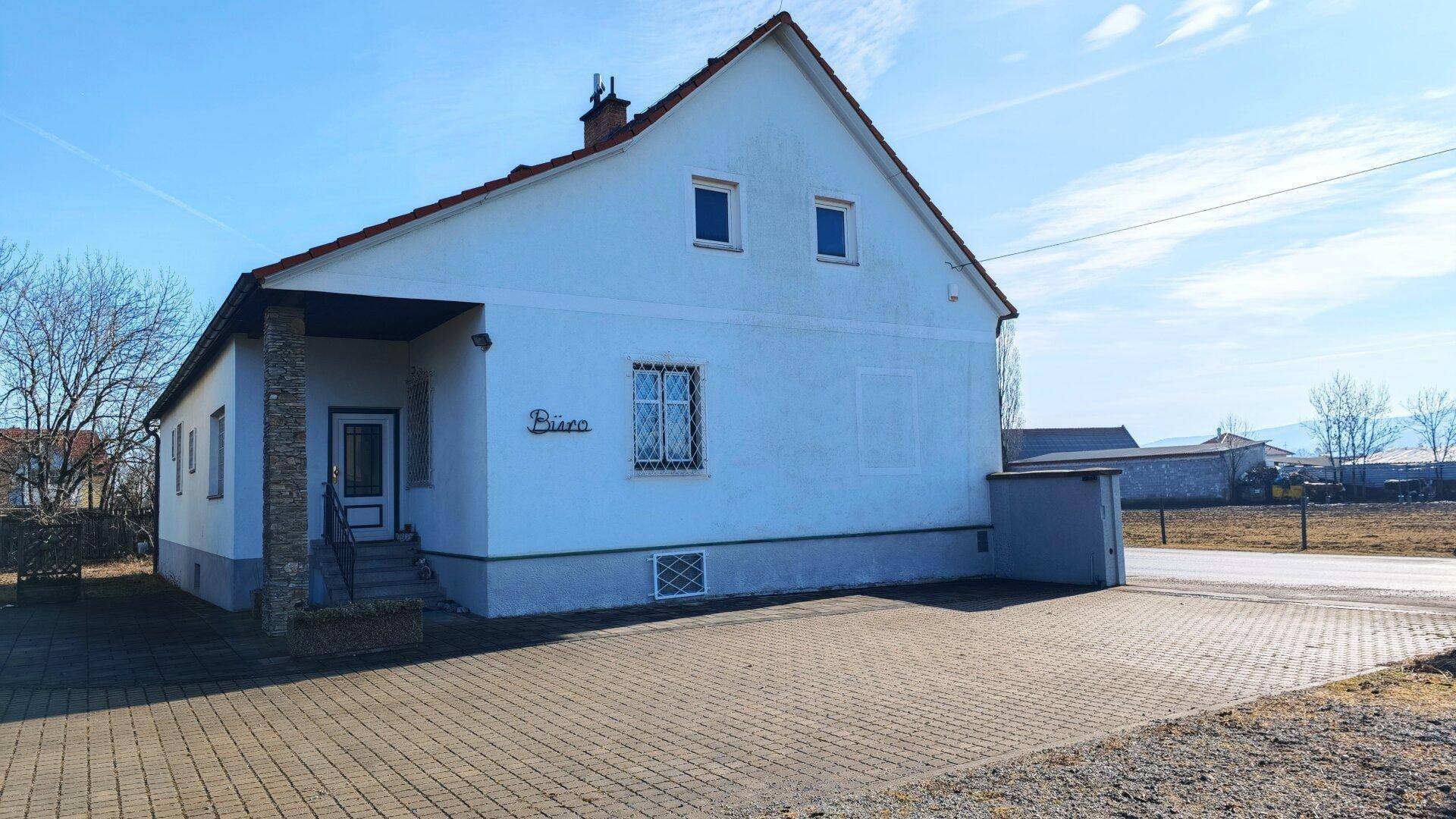 Vorderansicht eines Einfamilienhauses mit gepflasterter Einfahrt und blauer Fassade.