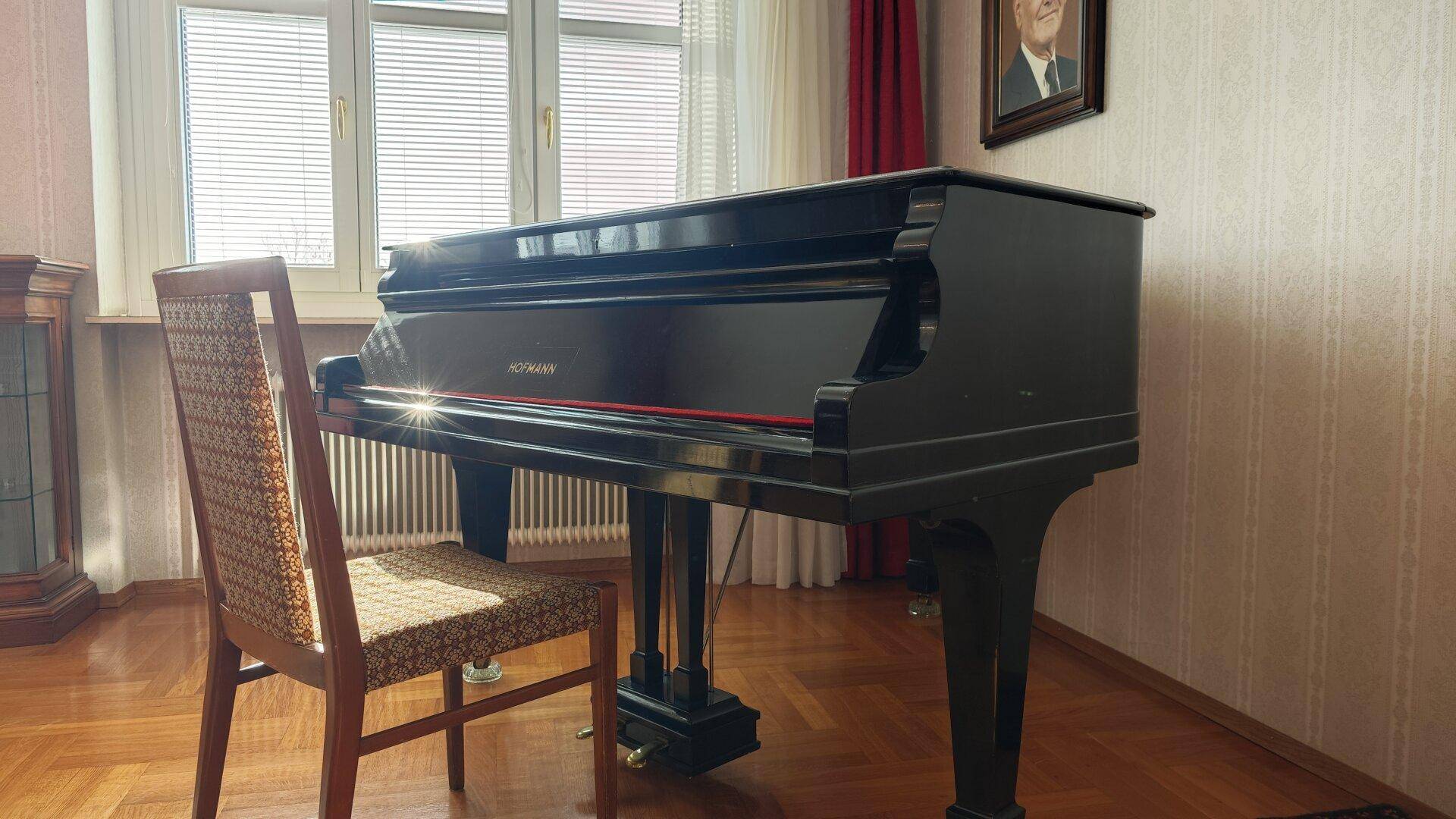 Detailaufnahme eines schwarzen Flügels in einem eleganten Wohnzimmer.