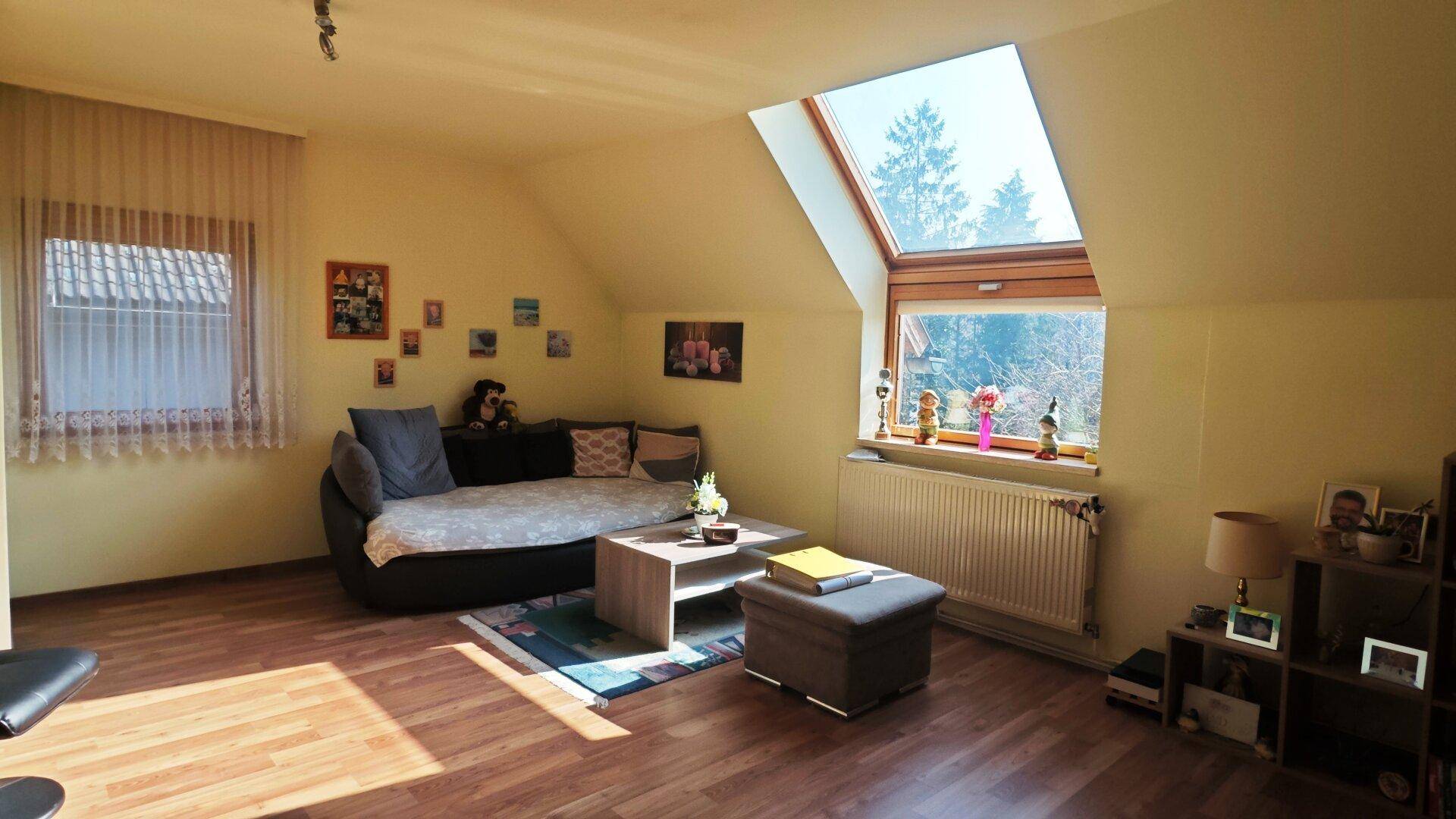 Helles Wohnzimmer mit Holzboden, Sofa und großem Dachfenster.