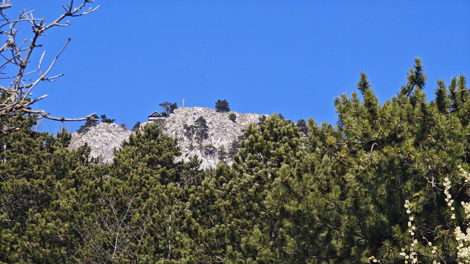 Blick auf einen felsigen Berggipfel mit Gebäuden, umgeben von dichten Kiefernwäldern.
