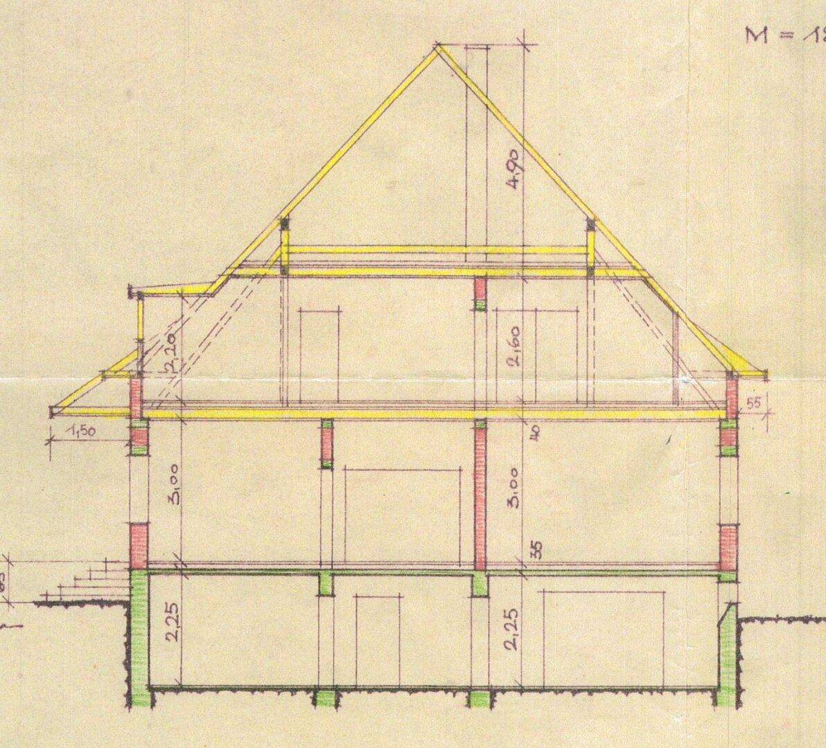 Gebäudeschnitt zeigt die Struktur mit Keller, Erdgeschoss, Obergeschoss und Dachkonstruktion.