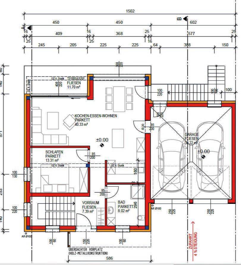 Grundriss des Erdgeschosses mit offenem Wohn-, Ess- und Kochbereich sowie Garage.