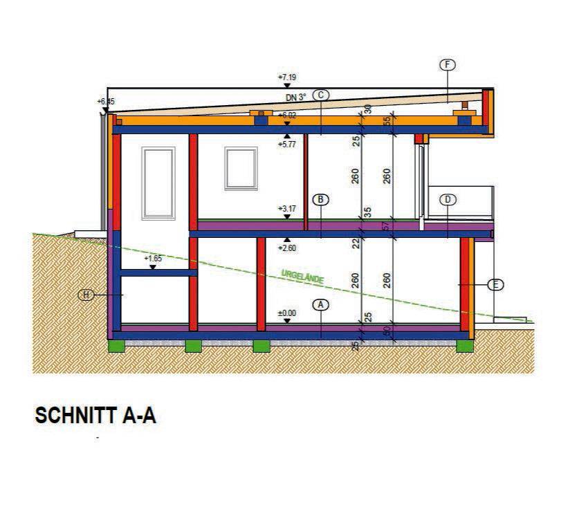 Schnittzeichnung des Gebäudes, die die vertikale Struktur und die verschiedenen Ebenen darstellt.