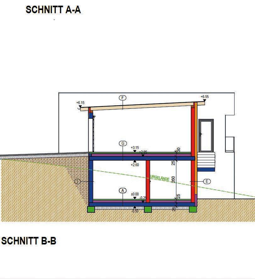 Schnittzeichnung des Gebäudes zeigt die Konstruktion über mehrere Ebenen, inklusive Keller und Dachneigung.