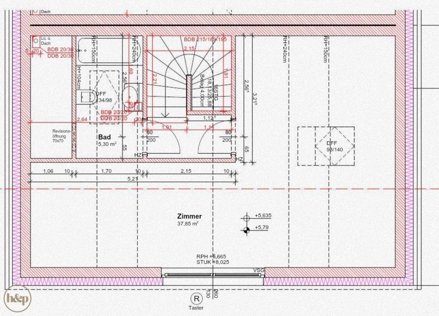 Grundriss des Dachgeschosses mit großem Zimmer, Bad und Dachschrägen.