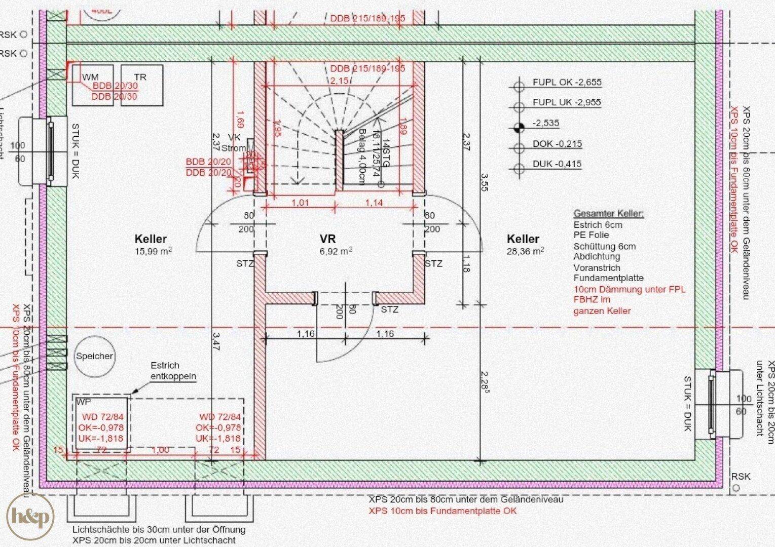 Grundriss des Kellers mit verschiedenen Abstellräumen und Technikbereichen.