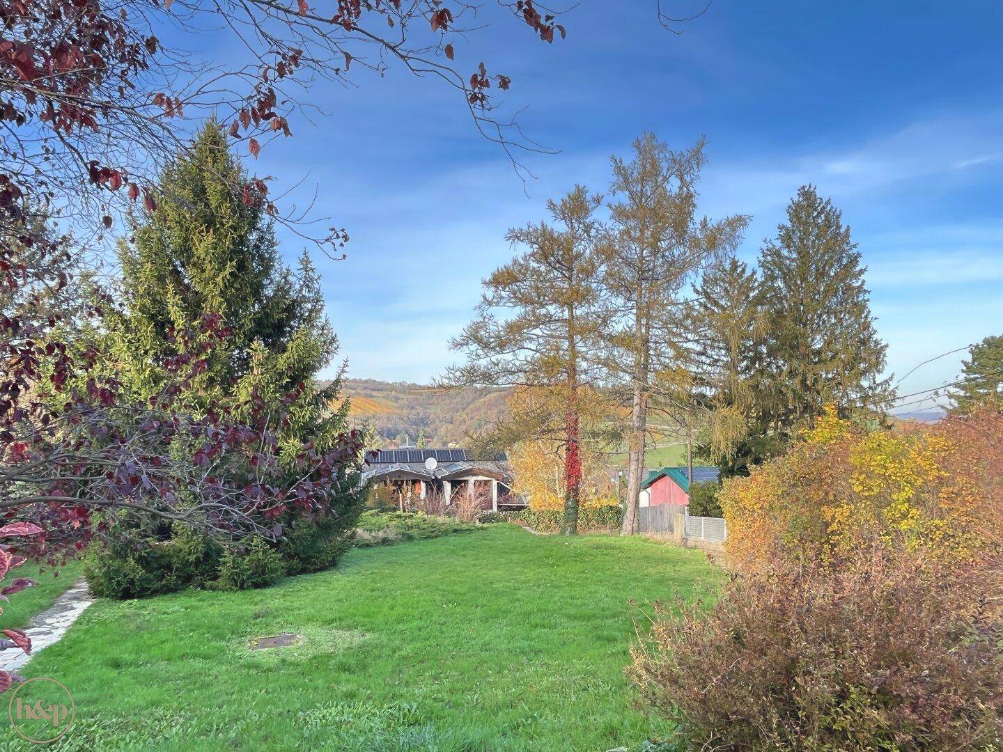 Sonniger Gartenbereich mit altem Baumbestand und weitem Blick über die Weinberge.