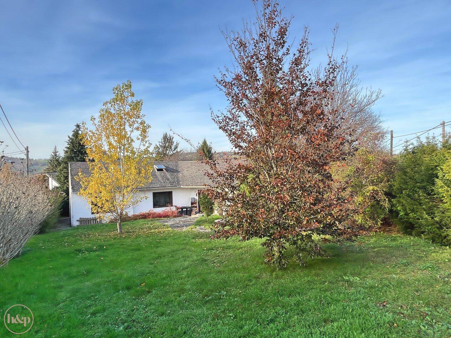 Weitläufiger Garten mit Herbstbäumen und einem Blick auf das dahinterliegende Wohnhaus.