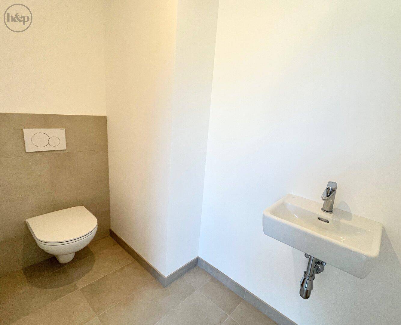 Kleines Gäste-WC mit Wand-WC und modernem Waschbecken in minimalistischem Design.