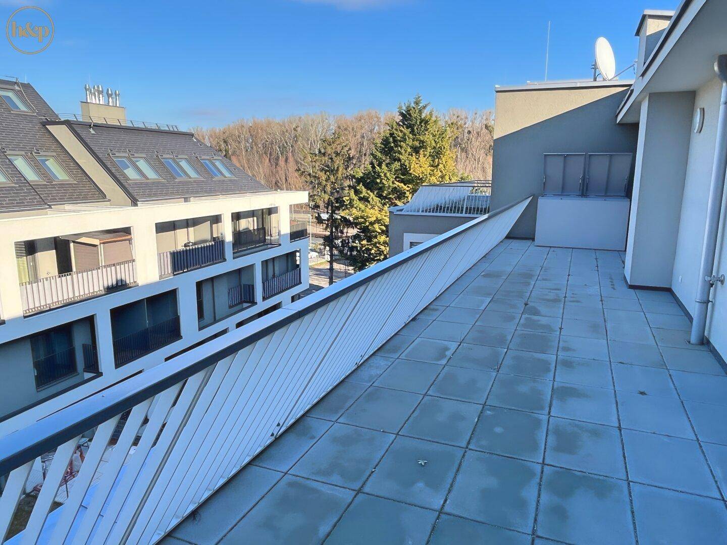 Weitläufige Dachterrasse mit Fliesenboden und Blick auf die umliegenden Gebäude und Bäume.