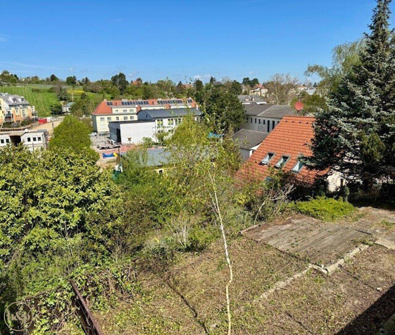 Weitläufiger Blick über einen ungepflegten Gartenbereich mit umliegenden Häusern und viel Grün.