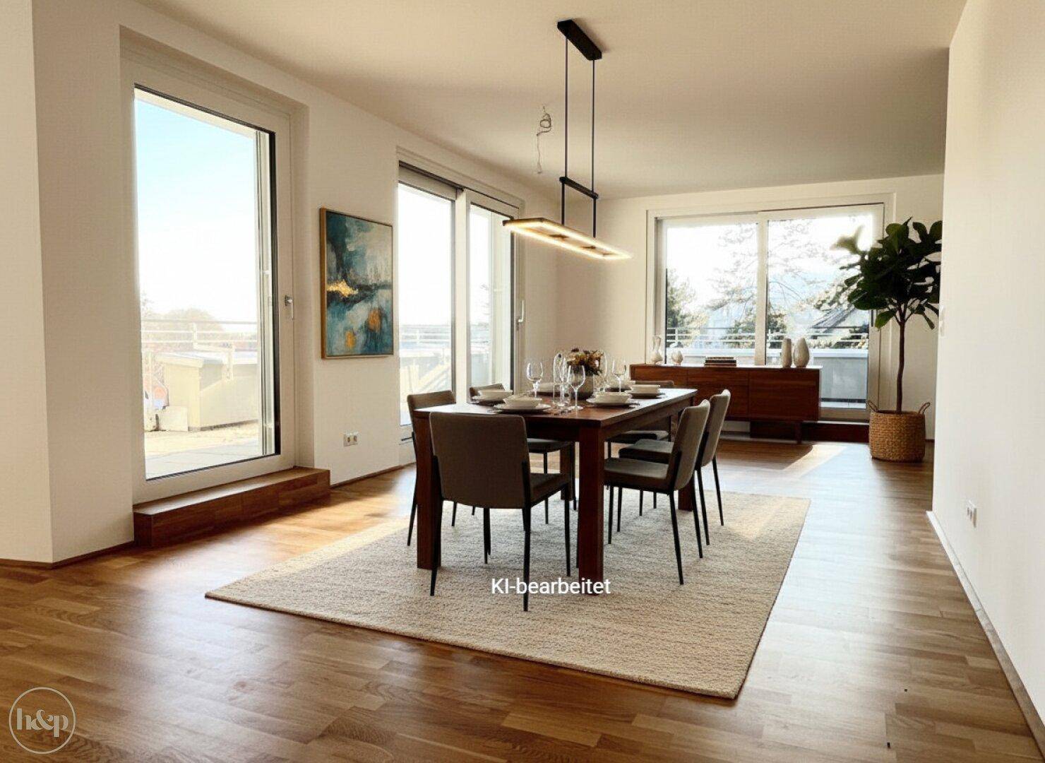 Lichtdurchfluteter Essbereich mit modernem Holztisch und Zugang zur Terrasse.