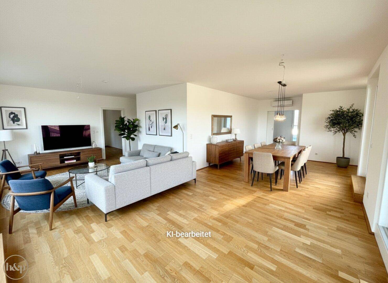 Virtuell inszenierter offener Wohn- und Essbereich mit modernem Mobiliar und Holzboden.