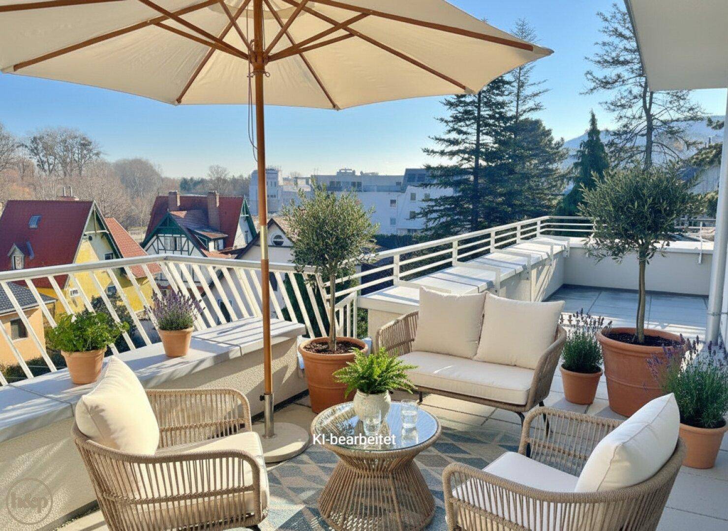 Sonniger Terrassenbereich mit bequemen Outdoor-Möbeln, Sonnenschirm und Pflanzen.