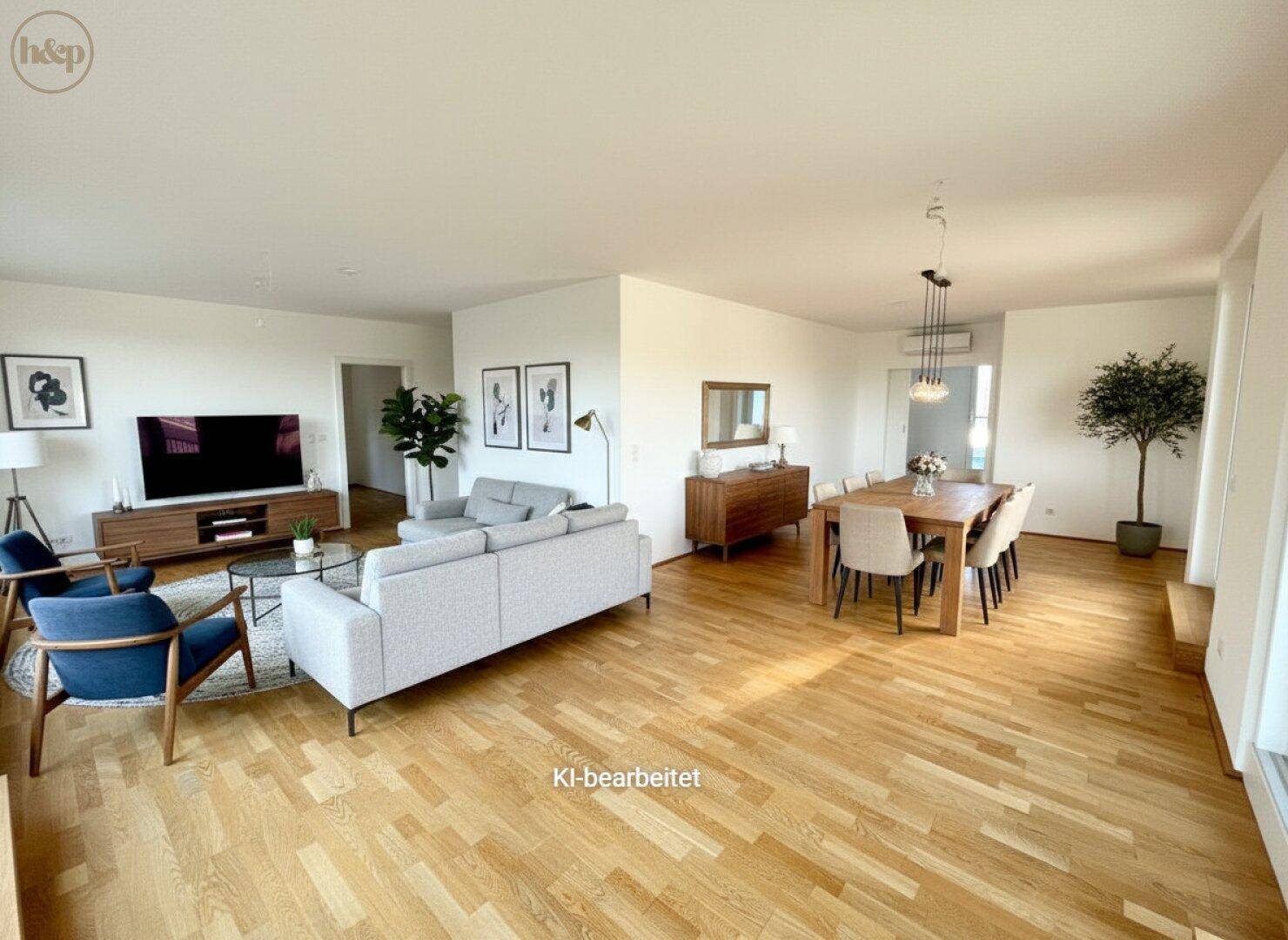 Visualisierung eines modernen Wohn-Essbereichs mit Holzboden und stilvollen Möbeln.