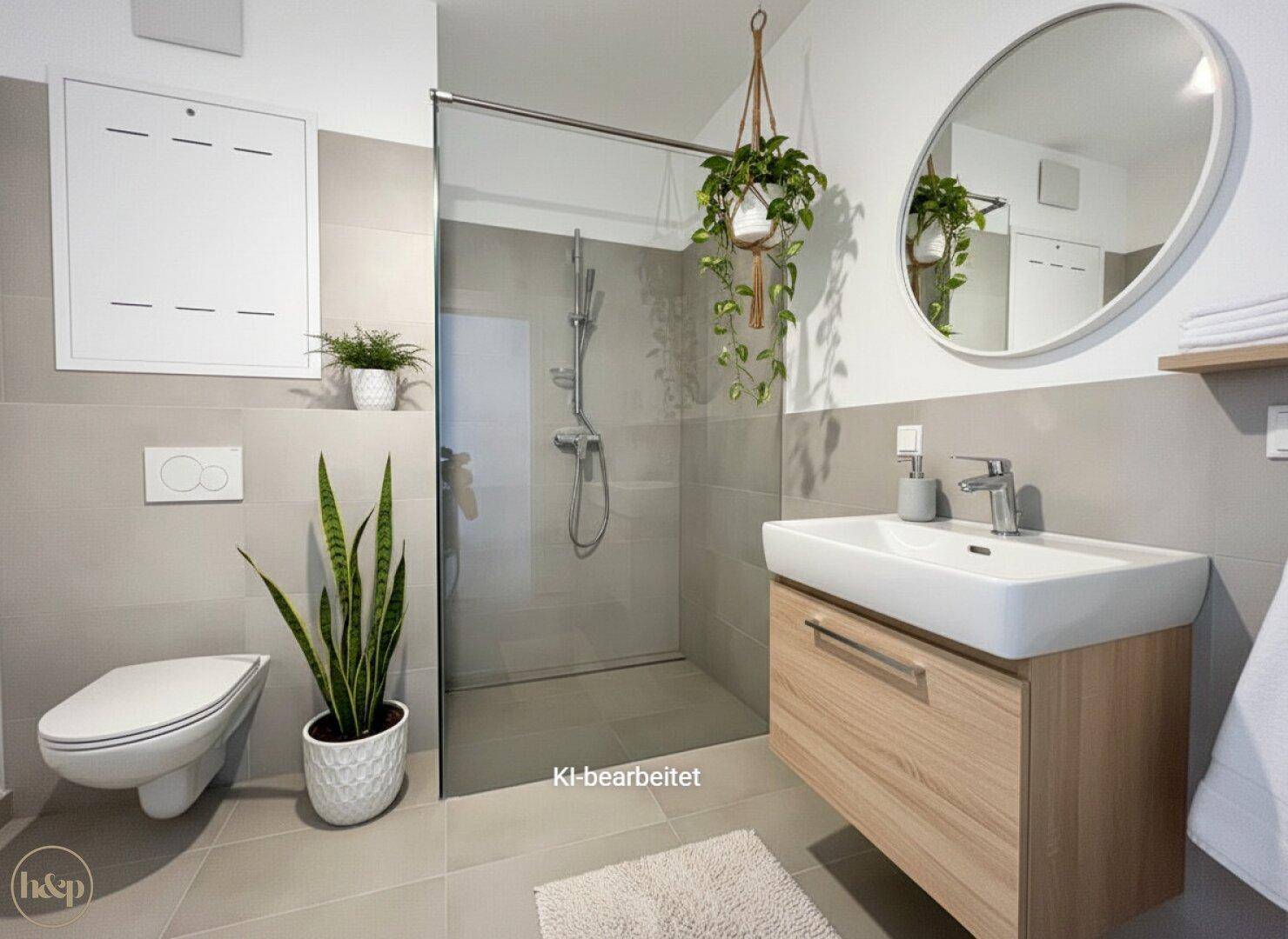 Modernes Badezimmer mit Holzelementen, begehbarer Dusche und Pflanzen.