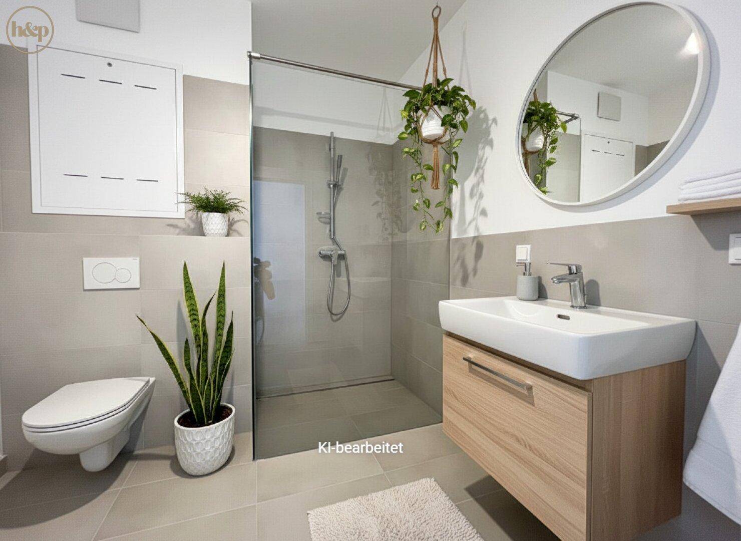 Modernes Badezimmer mit begehbarer Dusche, Wand-WC und Pflanzen als Dekoration.