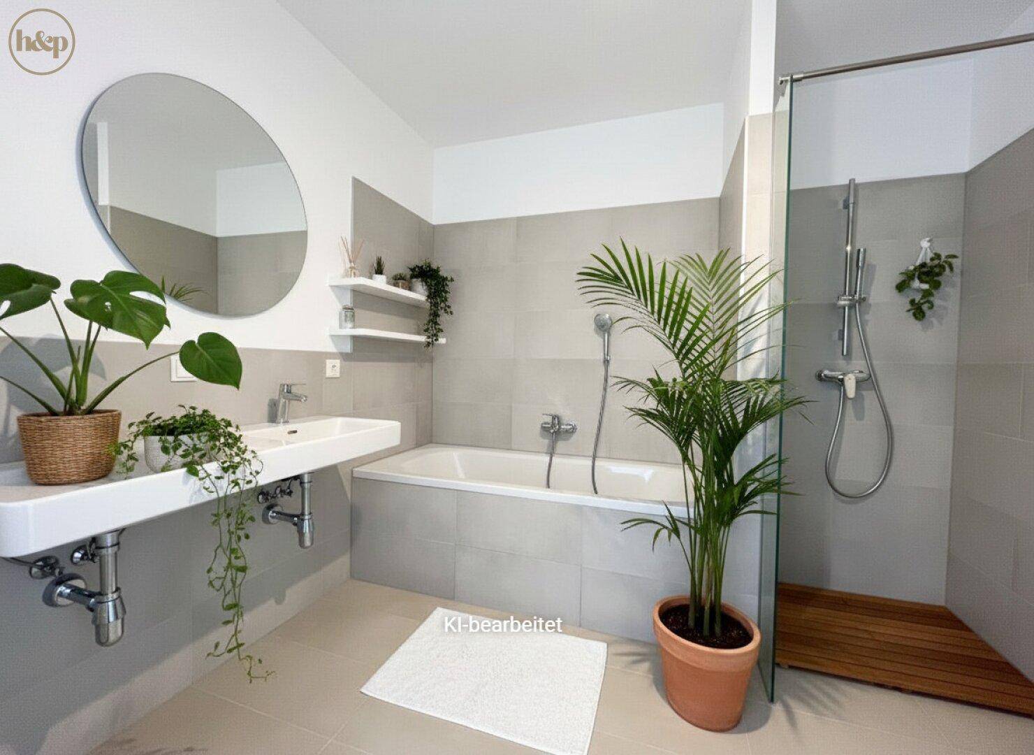 Geräumiges Badezimmer mit Badewanne, Dusche und Doppelwaschbecken, dekoriert mit Pflanzen.