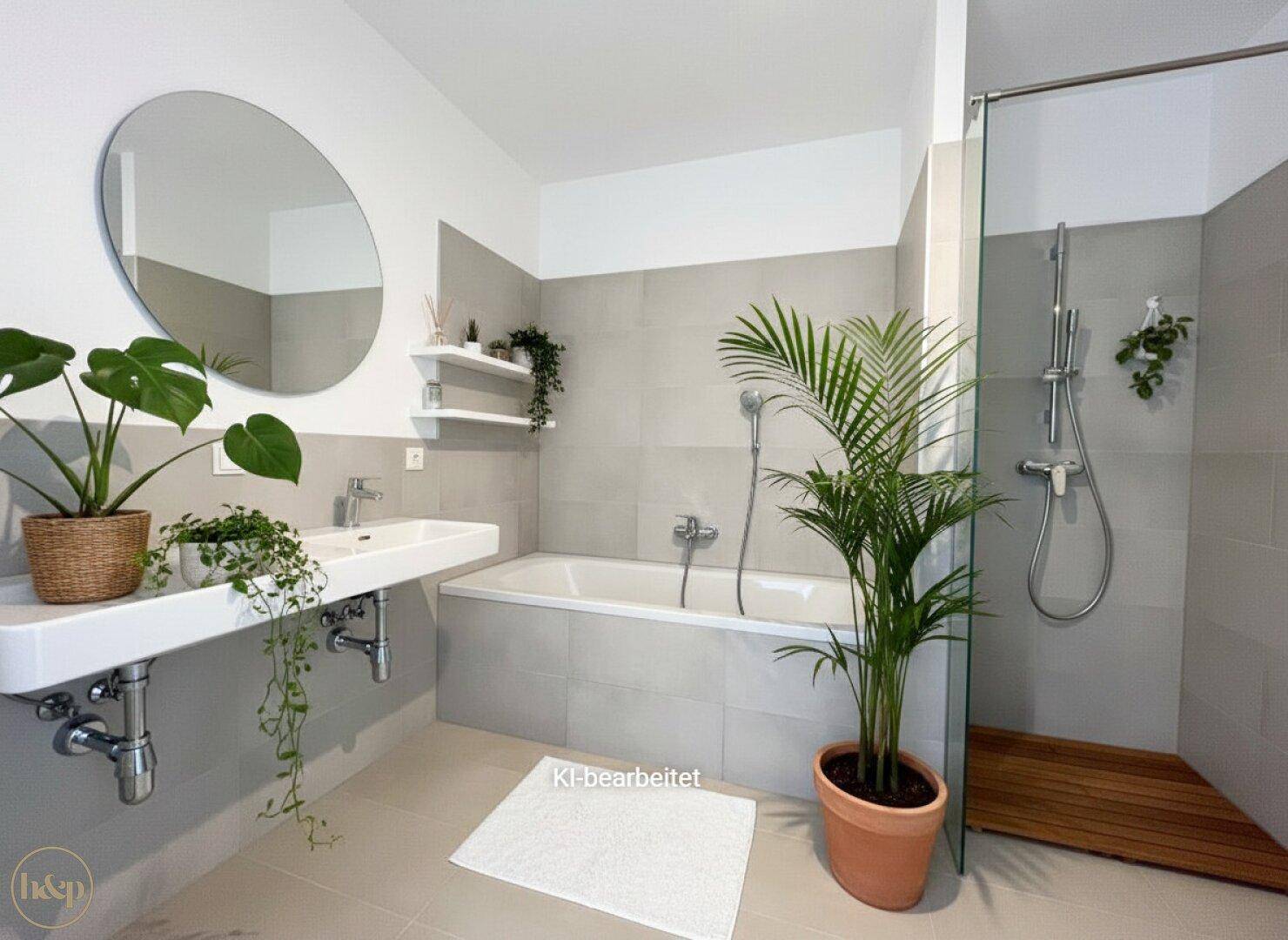 Geräumiges Badezimmer mit Doppelwaschbecken, Badewanne und begehbarer Dusche, dekoriert mit Pflanzen.