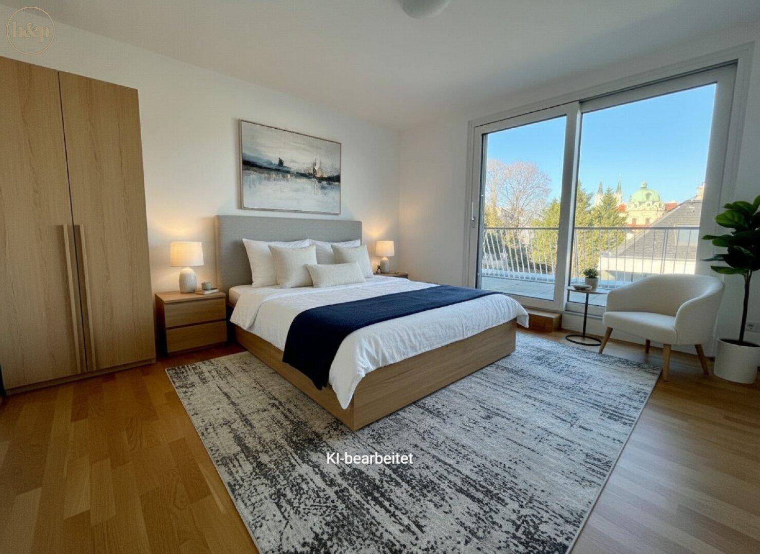 Helles Schlafzimmer mit Doppelbett, Holzboden und Zugang zur Terrasse mit Weitblick.
