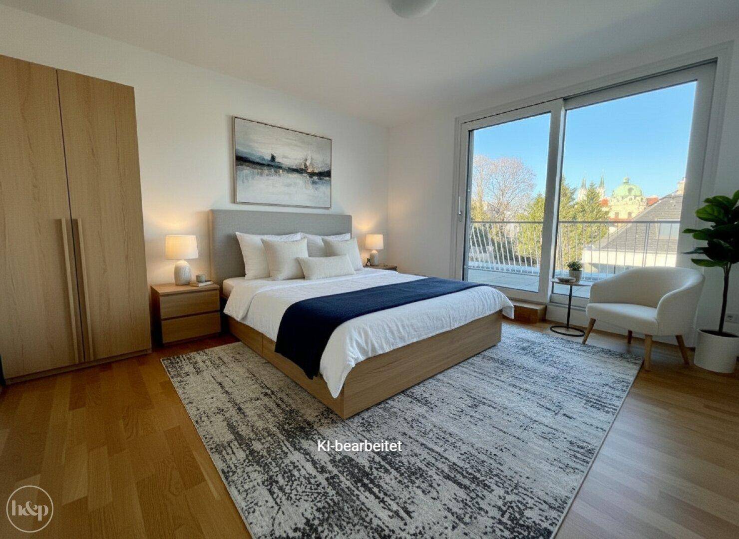 Helles Schlafzimmer mit Doppelbett, Kleiderschrank und Zugang zu einer Terrasse.