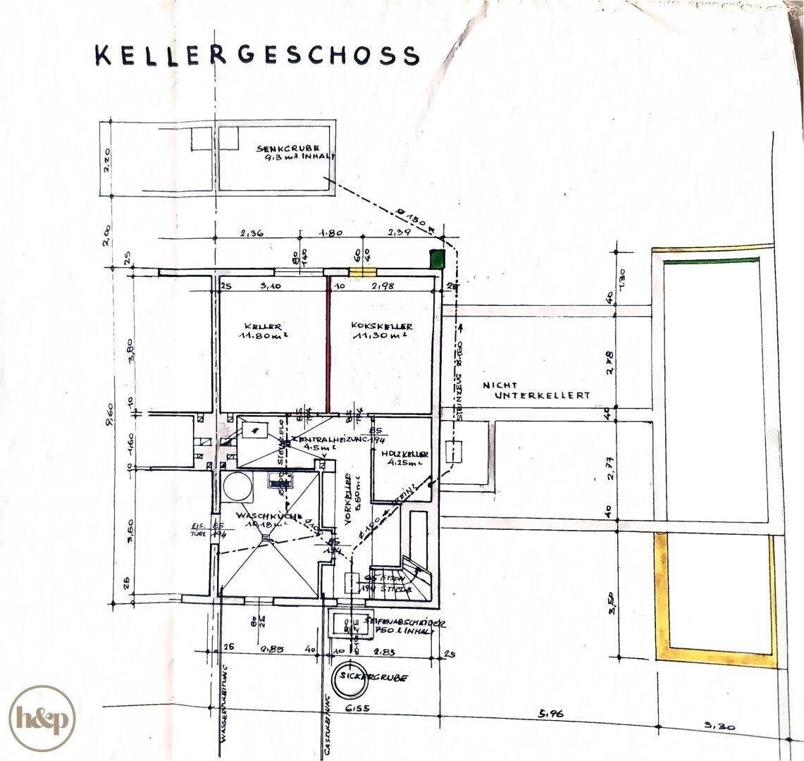 Grundriss des Kellergeschosses mit verschiedenen Abstellräumen und einer Waschküche.