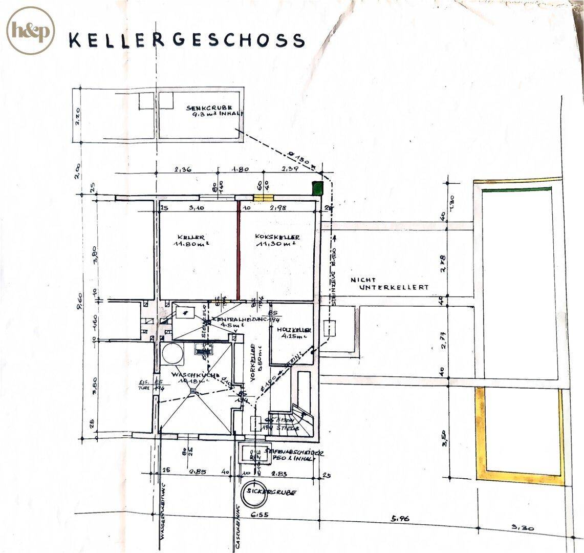Grundriss des Kellergeschosses mit verschiedenen Kellerräumen, Waschküche und Heizungsraum.
