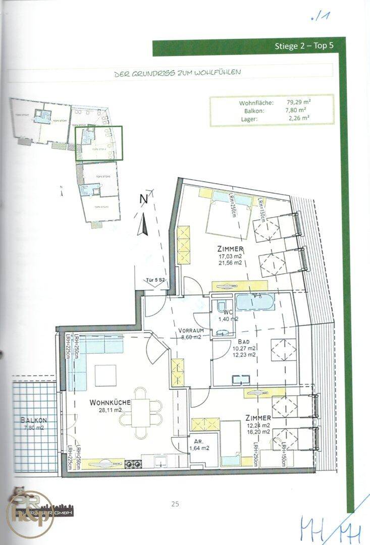 Detaillierter Grundriss einer Wohnung mit Wohnküche, Balkon und separatem WC.