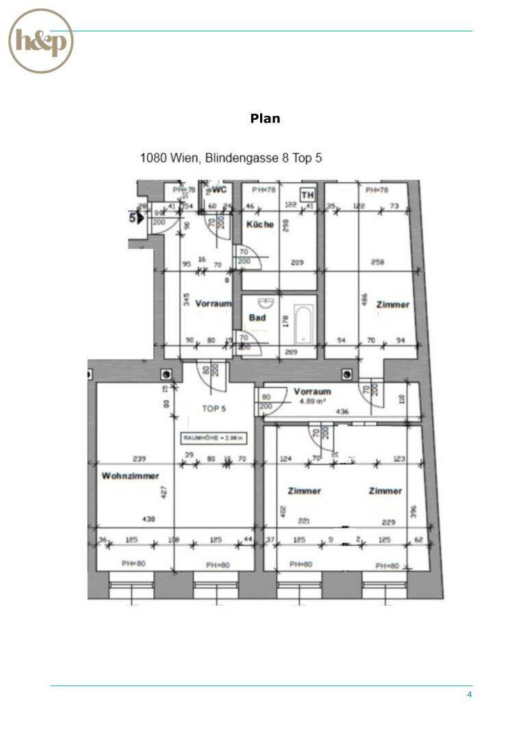 Grundriss der Wohnung in 1080 Wien, Blindengasse 8 Top 5, mit Zimmeraufteilung.