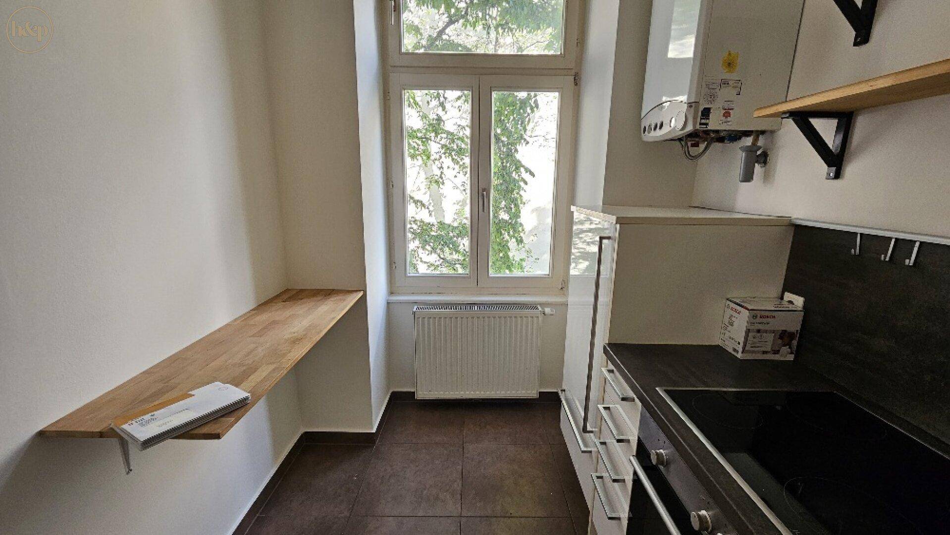 Kleine Küche mit dunklen Fliesen, Fenster und einfacher Ausstattung, inklusive Kochfeld und Ofen.