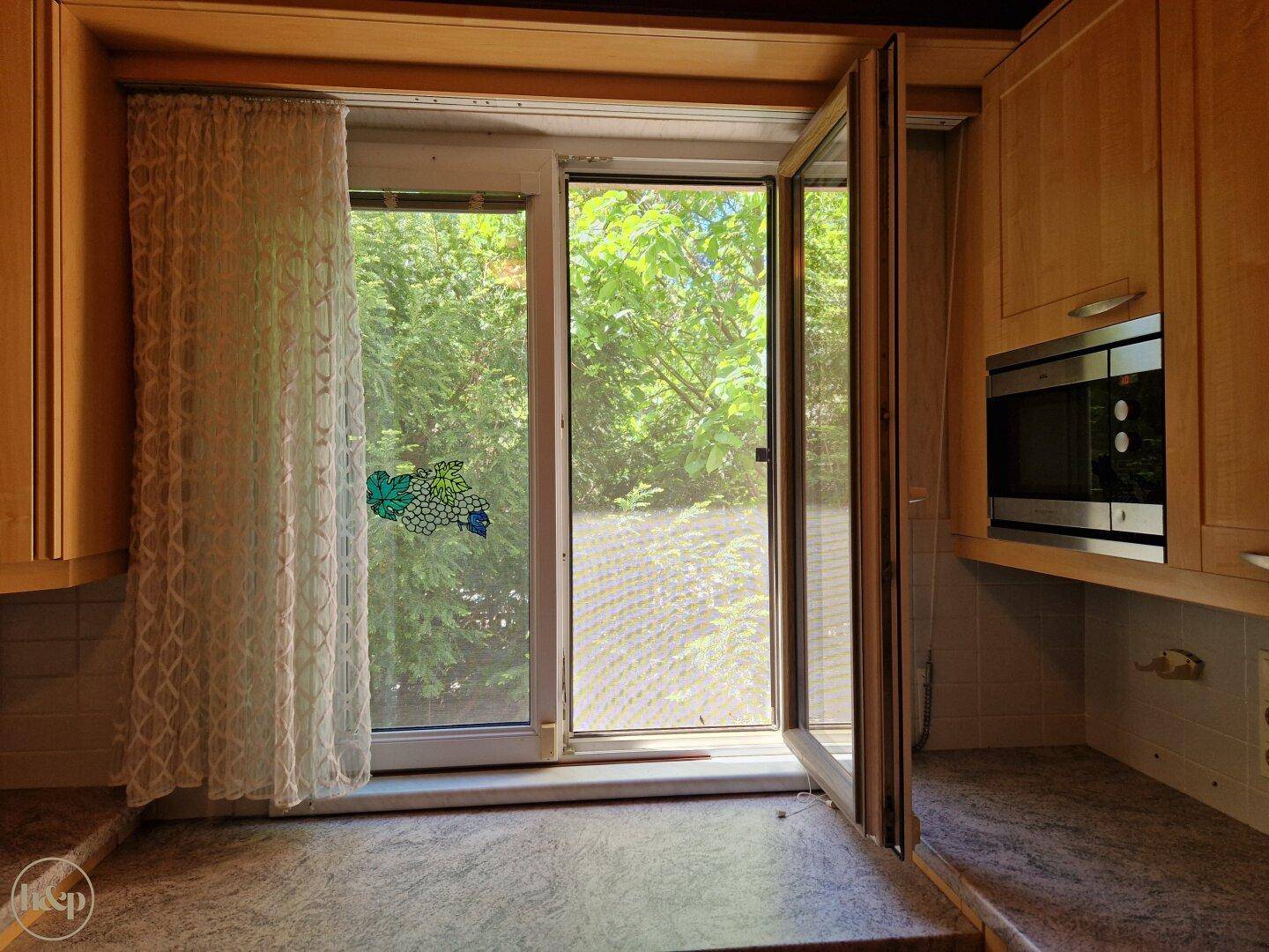 Küchenfenster mit Blick auf üppiges Grün, das viel Tageslicht hereinlässt.
