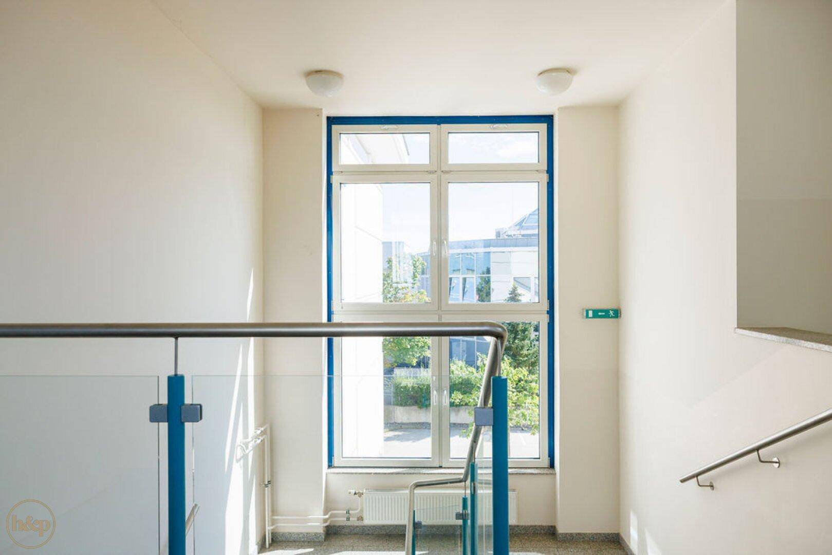Helles Treppenhaus mit großem Fenster, Glasgeländer und Handlauf, sorgt für viel Tageslicht.