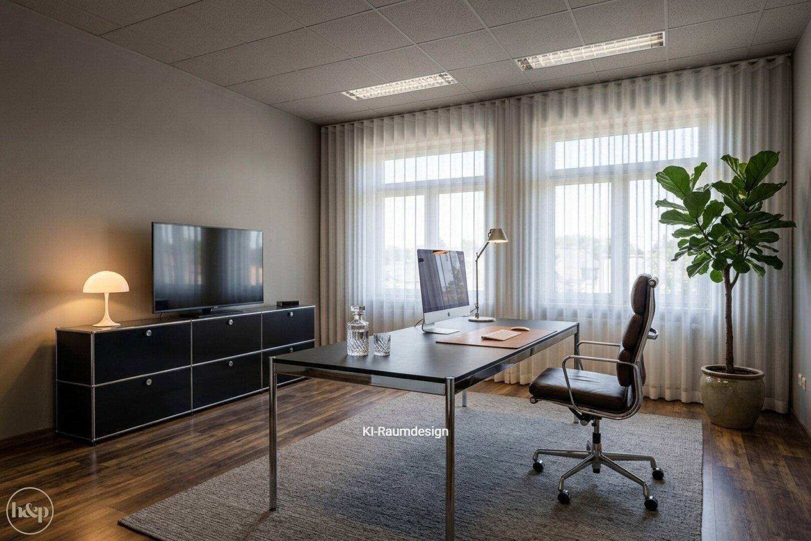 Elegantes Einzelbüro mit modernem Schreibtisch, TV-Möbel und großem Fenster.