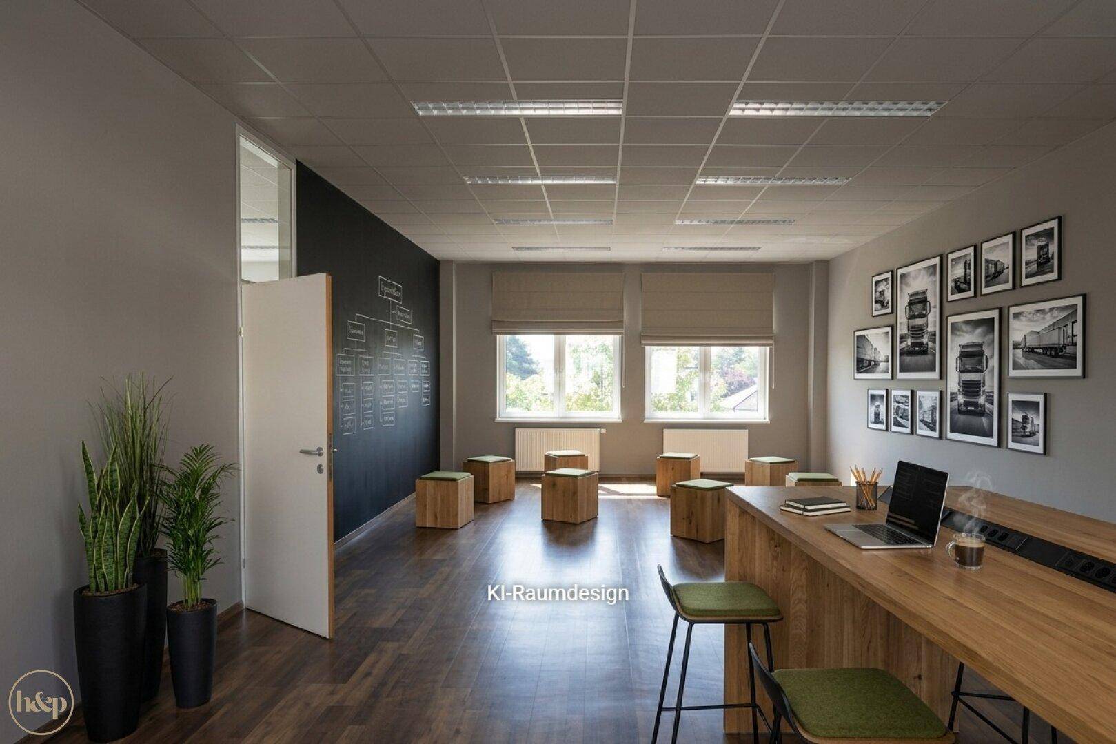 Kreativer Besprechungsraum mit Tafelwand, Holzhockern und modernem Arbeitsbereich.
