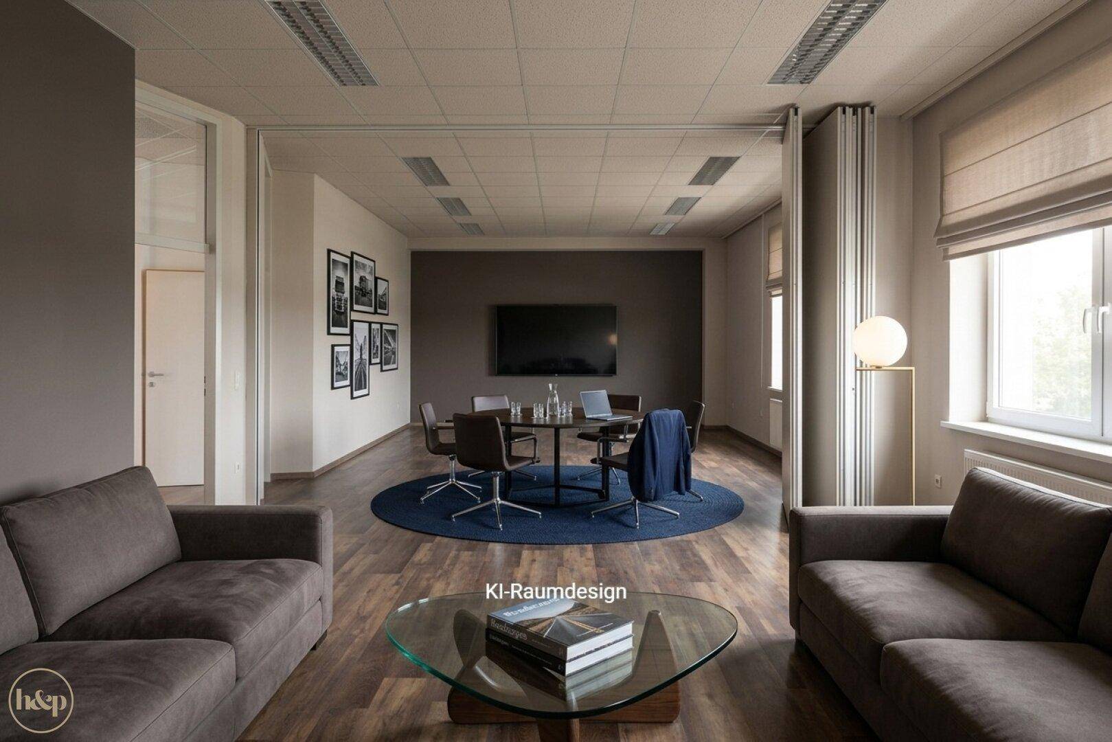 Gemütlicher Loungebereich mit Sofas, Couchtisch und rundem Besprechungstisch.