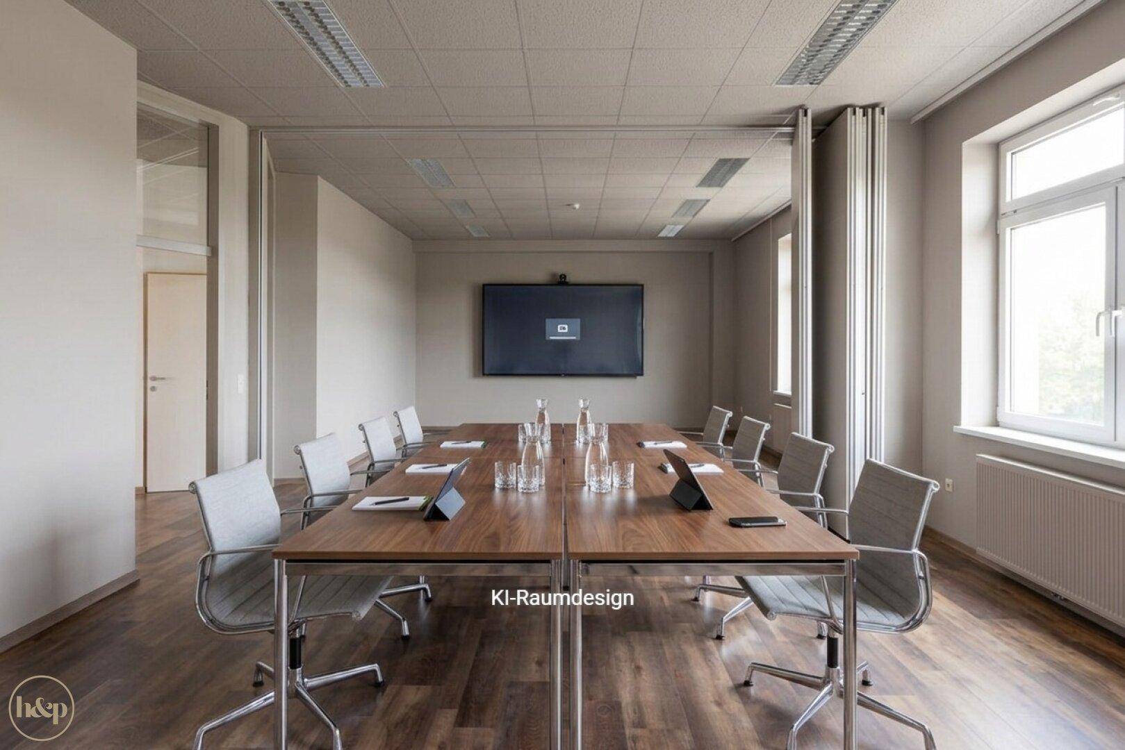 Großer Konferenzraum mit langem Holztisch, modernen Stühlen und Bildschirm an der Wand.