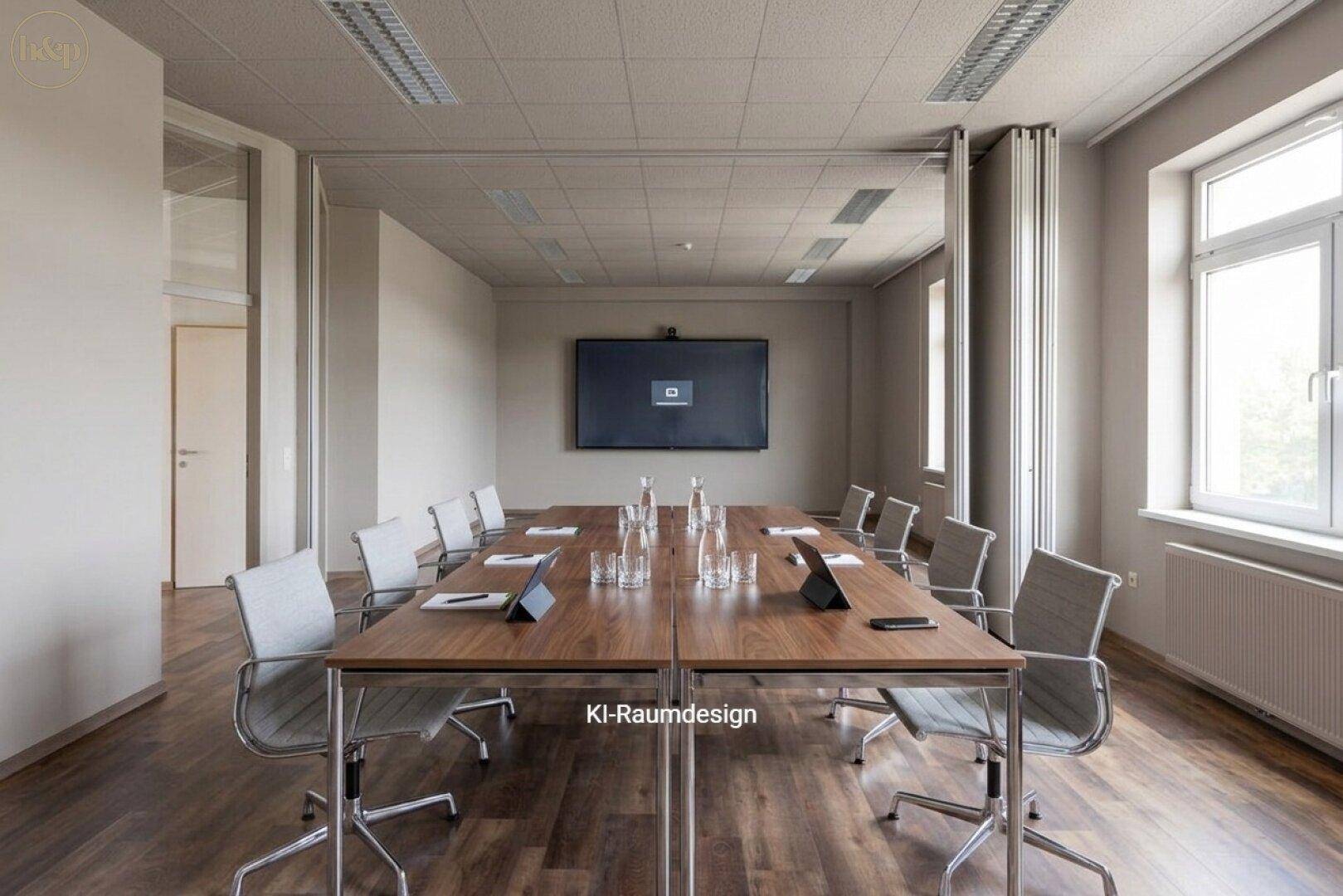 Moderner Konferenzraum mit großem Holztisch, bequemen Stühlen und einem großen Wandbildschirm für Präsentationen.