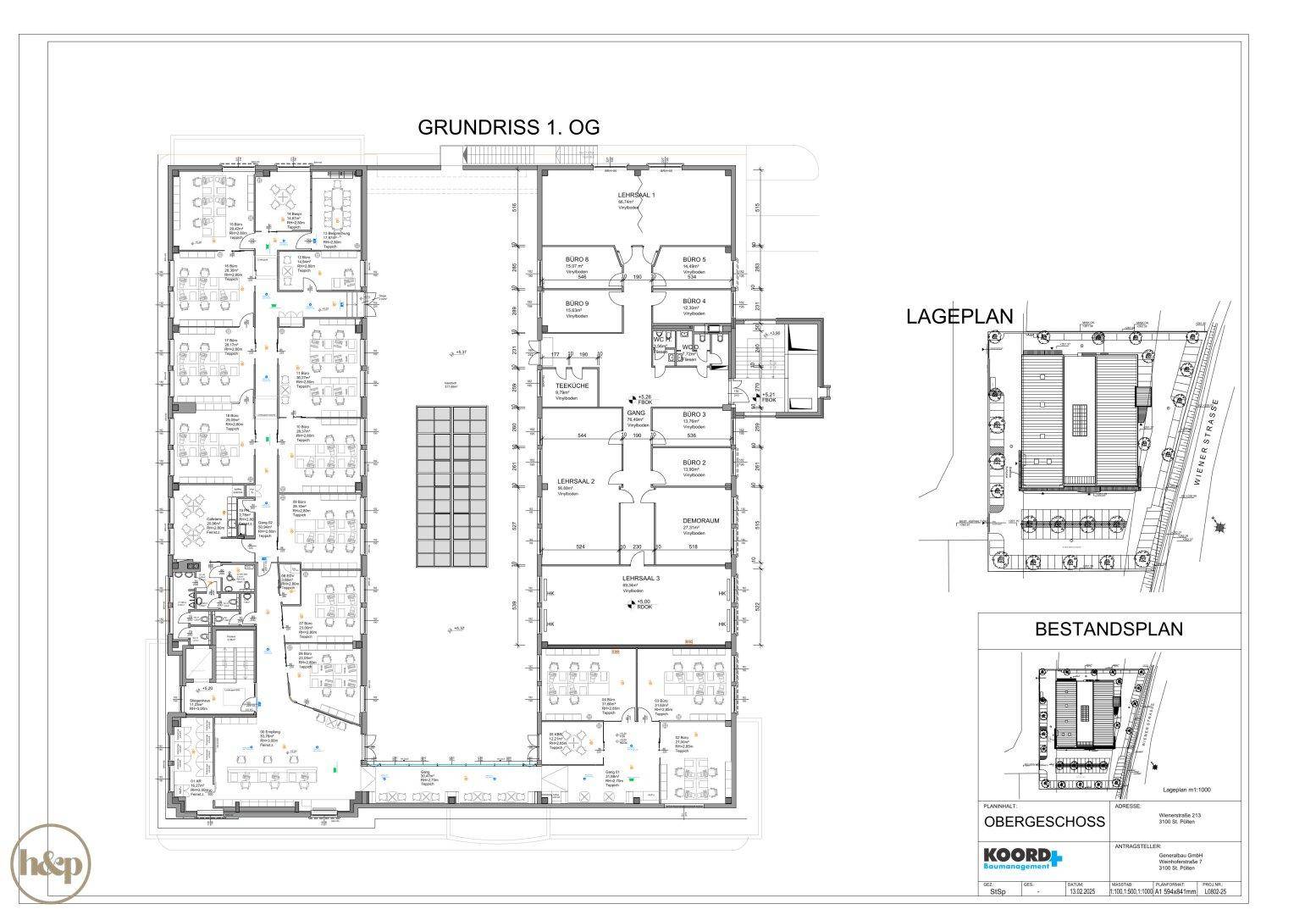 Übersichtlicher Grundriss des 1. Obergeschosses mit Lageplan und Bestandsplan.