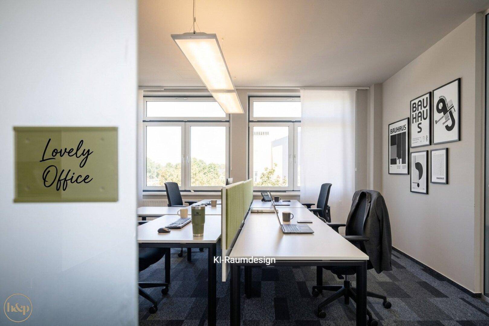 Modern eingerichteter Großraumbüro mit Arbeitsplätzen, Laptops und Bauhaus-Kunst, fördert eine kreative Arbeitsumgebung.