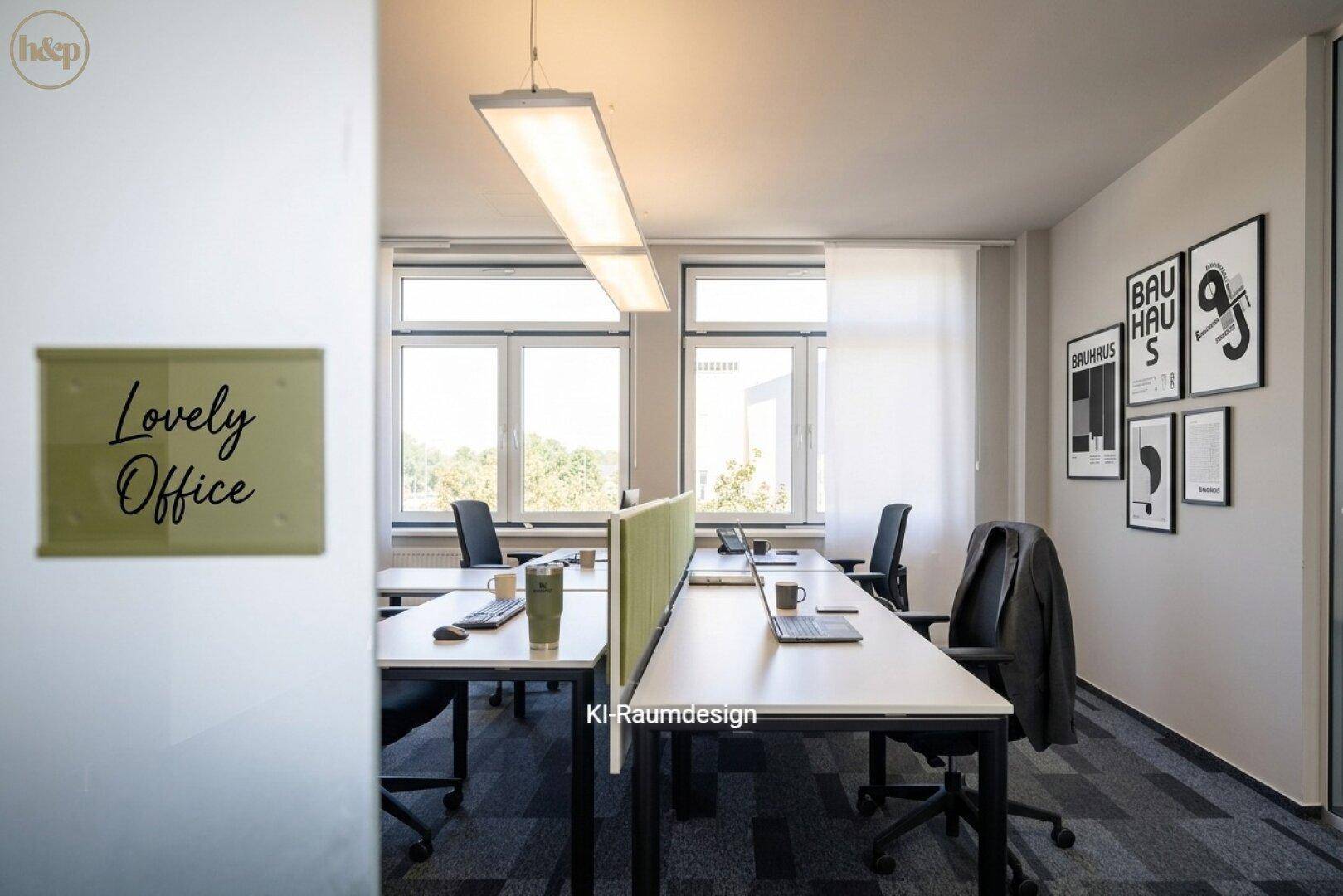 Modernes Büro mit mehreren Arbeitsplätzen, ergonomischen Stühlen und Bauhaus-Postern an der Wand.