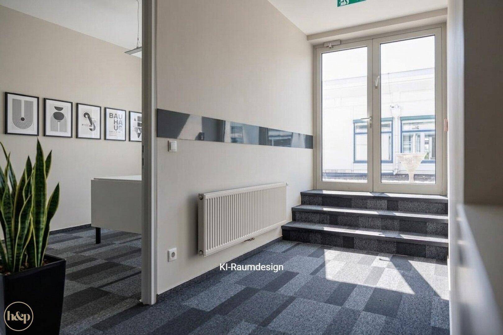 Freundlicher Eingangsbereich mit Treppe, Glastür und Heizkörper, empfängt Besucher in den Büroräumen.